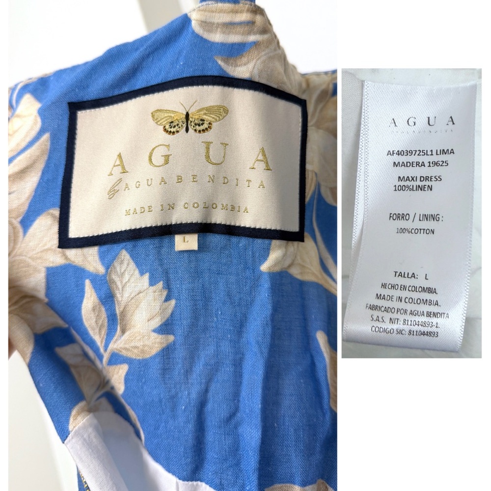 Agua by Agua Bendita Lima Madera Maxi Dress Linen Blue Ivory Floral Print L - Picture 3 of 16